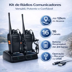 Walkie Talkie Rádios Comunicador KIT COM 2 Unidades Radinho walk talk COMPLETO Fone Microfone e Acessórios - Radio De Comunicação Longo Alcance Comunicação Segura Com 16 Canais - Imagem 3
