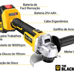 Esmerilhadeira Lixadeira Angular Sem Fio Com 2 Baterias 21v 4000mah 4.1/2 125mm Maleta Tca21bt The Black Tools - Imagem 4