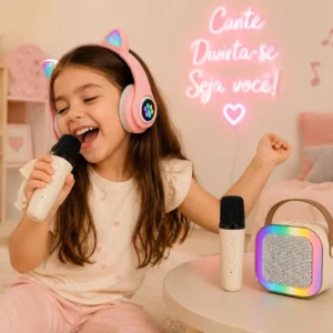 Fone Gatinho Infantil + Caixa De Som Karaokê C/ 2 Microfones - Imagem 5