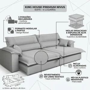 Sofá Retrátil Reclinável 2,50m Nivus Cinza Molas Ensacadas - King House - Imagem 3