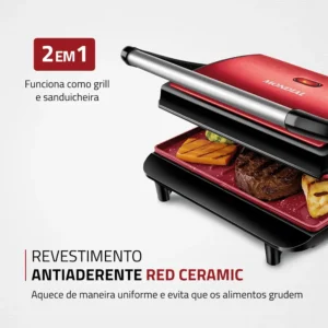 Press Grill Master Press Mondial Vermelho/Inox 1000W PG-01-RC - Imagem 3