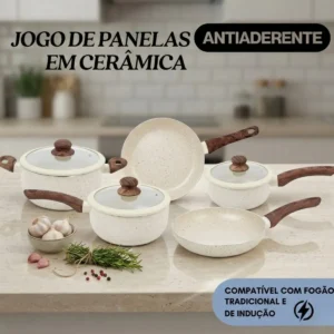 Jogo De Panelas Cerâmica Antiaderente 5 Peças De Indução 2,5mm Revestimento Cerâmico Tampa De Vidro Para Fogão Tradicional Gás Creme Pítia - Imagem 3