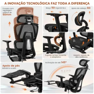 Cadeira Ergonomica,Cadeira Escritorio FivDaily L780, Giratória Reclinável 145°, Encosto Elevável Ajustável, Lombar Flutuante, Cabeça 8D, Braços 5D, Base Aço, Apoio Para Pés Para Home Office, Preto - Imagem 3