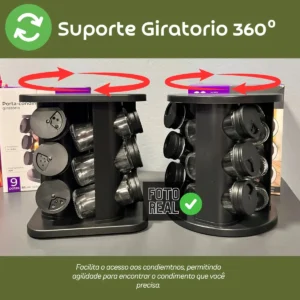 Porta Temperos Condimentos Giratório Kit 12 Potes De Vidro Com Tampa Dosadora 3 Regulagens Preto Quadrado Bravli - Imagem 3