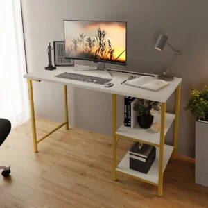 Mesa Escrivaninha Office Estudo Estilo Industrial Klm Store. Cor Dourado com Off White - Imagem 4