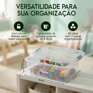 Caixa Organizadora Transparente 6 Litros Com Tampa Kit 3 Unidades Plástico Multiuso Empilhável Armazenamento Doméstico Ponte Lar - Imagem 3