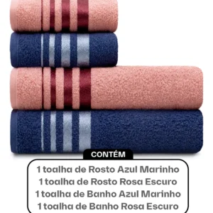 Jogo Toalhas De Algodão 4 Banho E Rosto Rosa E Azul Karsten - Imagem 3