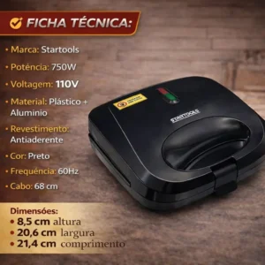 Sanduicheira Grill Elétrica Antiaderente 750w Preto 110/220v - Imagem 4
