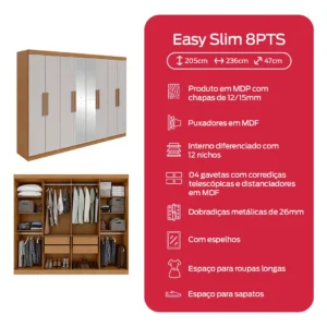 Guarda-roupa Casal Easy Slim 8 Portas C/ Espelho Amendoa/off - Imagem 5