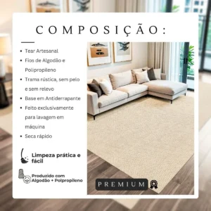 Tapete Sisal Sintético Com Algodão Grande Antiderrapante Lavável Bege Natural De Tear - Imagem 6