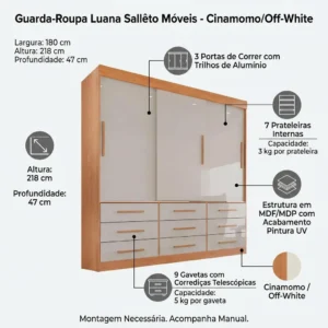 Guarda Roupa Casal 3 Portas 9 Gavetas Luana Sallêto Móveis - Imagem 2