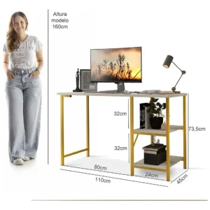 Mesa Escrivaninha Office Estudo Estilo Industrial Klm Store. Cor Dourado com Off White - Imagem 5
