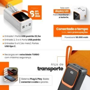Power Bank Turbo Carregador Portátil 50.000mah Turbo 22.5w Premium Universal Rápida Carga Para Celular iPhone Xiaomi Motorola LG Smartwatch Tablet Display Digital Viagens Festa Ios Nixzen Preto - Imagem 3