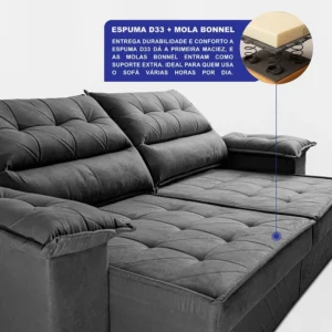 Sofá Retrátil 2,40m Molas E Espuma D33 Thunder. Cama Inbox - Imagem 5