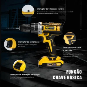 Parafusadeira Furadeira Impacto Fulink Profissional Fk-80pt 2 Baterias Com Maleta 60Hz Amarelo - Imagem 7