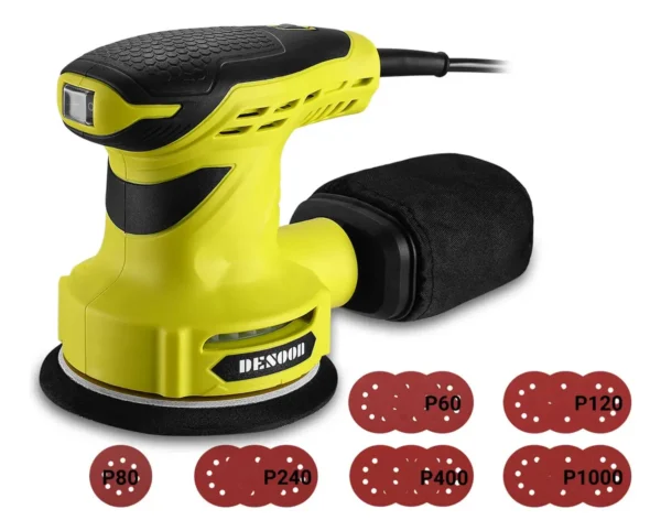 Lixadeira Orbital 300w Real Profissional 125mm Com Auto Vácuo 14000rpm Coletor De Pó + 16 Lixas Kit Completo 127v Desoon