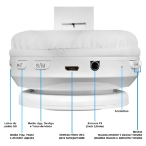 Fone De Ouvido Over-ear Sem Fio Megasonic B39 Branco Com Luz Led - Imagem 5