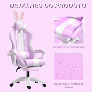 Cadeira Gamer Python Fly Lilás Rosa com Orelhinhas de Coelho Reclinável - Imagem 5