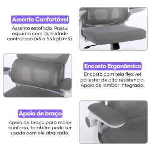 Cadeira Escritório Presidente Ergonômica NR17 Marqs Home Arcanis Cinza com Apoio Lombar e Encosto Mesh Premium - Imagem 5