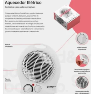 Aquecedor Elétrico 1500W Portátil Branco Good&Go Termoventilador - Imagem 8