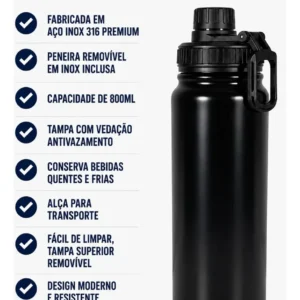 Garrafa Térmica 800ml Água Azarte Inox Academia Com Alça - Imagem 6