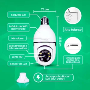 Kit 2 Câmeras Lampada De Segurança Ip Wifi Com Visão Noturna Interna Externa App Yoosee Espiã 360º Cor Branco Casenn - Imagem 7