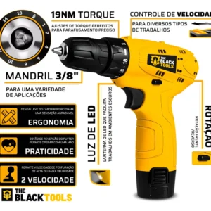 Parafusadeira Furadeira The Black Tools TB12A 3/8 a Bateria Cor Amarelo Frequência 60Hz - Imagem 3