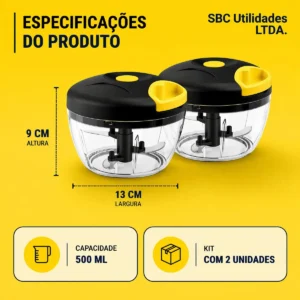Kit 2 Triturador Processador Picador Manual De Alimentos 500ml 3 Laminas Prático Compacto Perfeito Para Cortar Picar Legumes Verduras Temperos Alho Rápido e Fácil MAIS VENDIDO SBC UTILIDADES LTDA - Imagem 3