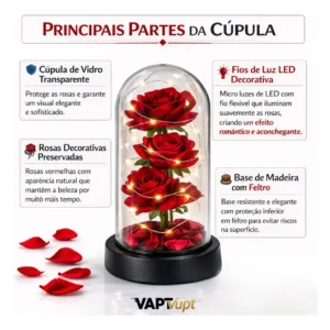 Rosa Eterna Vermelha Em Cúpula Iluminada Presente Dia Das Mães E Dia Dos Namorados Decoração Romântica Delicada Vapt Vupt - Imagem 7
