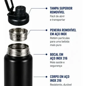Garrafa Térmica 800ml Água Azarte Inox Academia Com Alça - Imagem 4