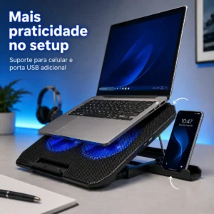 Suporte Notebook Dgx Base Mesa Led Refrigerada Ventilação 2 Cooler Silenciosa Cor Preto Led Azul - Imagem 7