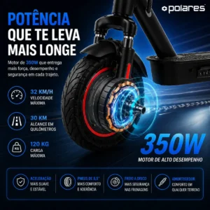 POLARES Z20PRO Patinete Elétrico Premium 500w Pneu Aderente Velocidade Máxima 32km/h Motorizado Até 30km De Autonomia Polares Cor Preto - Imagem 4