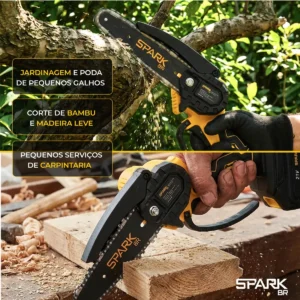 Kit Mini Serra 6 Polegadas Motosserra Eletrica Spark Br Portatil 2 Baterias Recarregável 21v Trava Segurança Acessórios Maleta Corrente Extra Bivolt - Imagem 3