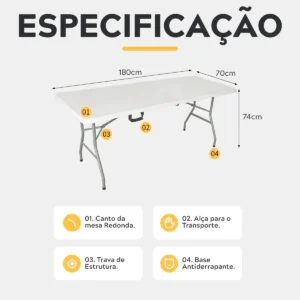 Mesa Dobravel 1.80m Maleta Com Alça Portatil Camping Praia Jardim Área Externa Ou Interna Salão De Festas Gourmet Resistente Cor Branco Corsair - Imagem 5