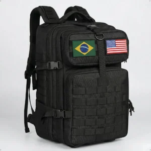 Mochila Tática Militar 50l Masculina Reforçada Impermeável Viagem Camping Pesca Com 2 Patchs Bandeiras Brasil Eua Preta Bagear - Imagem 1