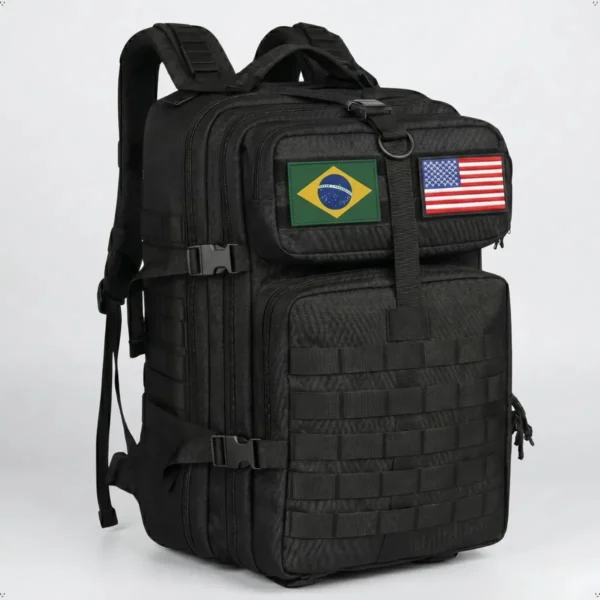 Mochila Tática Militar 50l Masculina Reforçada Impermeável Viagem Camping Pesca Com 2 Patchs Bandeiras Brasil Eua Preta Bagear