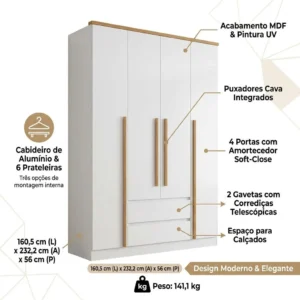 Guarda-roupa Solteiro 4 Portas 2 Gavetas Branco MDF Manbel 56x160,5x232,2 cm - Imagem 2
