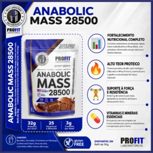 Suplemento em pó ProFit Laboratórios Anabolic Mass 28500 proteínas sabor chocolate em sachê de 3kg - Imagem 8