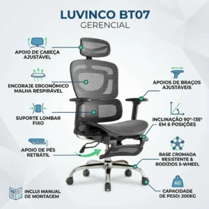 Cadeira De Escritório Ergonômica Mônaco Bt07 Luvinco Malha Respirável Com Suporte Lombar Adaptável Apoio Para Pés Retrátil Encosto Ajustável Seis Posições Cor Preta Suporta 200kg - Imagem 3