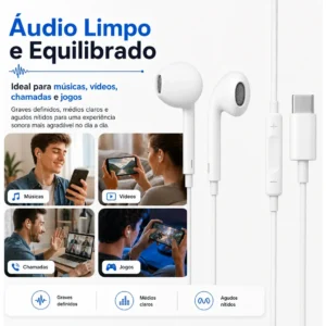 Fones De Ouvido Usb-c Tipo C Com Microfone Integrado Som Estéreo Alta Qualidade Controle De Chamadas Compatível Com iPhone 15 16 17 Android Samsung Xiaomi Motorola Conexão Direta Premium Eletric Teck - Imagem 5