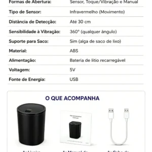 Lixeira Inteligente Automática com Sensor para Cozinha e Banheiro, 16 Litros Preto - Imagem 3