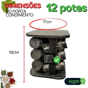 Porta Temperos Condimentos Giratório Kit 12 Potes De Vidro Com Tampa Dosadora 3 Regulagens Preto Quadrado Bravli - Imagem 5