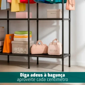 Guarda Roupa Cabideiro Organizador Closet Aberto Desmontavel Arara Divisórias 10 Prateleiras Aço Resistente Preto Irsina - Imagem 7