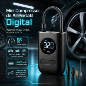 Compressor De Ar Digital Mini Portátil Recarregável Usb-c Para Pneus De Bicicleta Moto Carro Bolas Infláveis Preto - Imagem 1