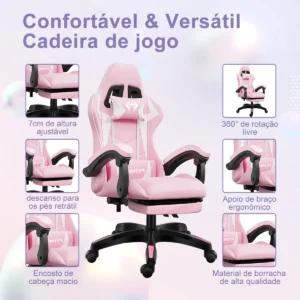 Cadeira Gamer Python Fly Rosa/Branco Reclinável 150kg Apoio de Pés - Imagem 8