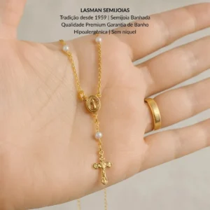 Presente Colar Terço Pérolas Semijoia Banhado A Ouro Com Mensagem - Imagem 6