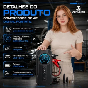 Mini Compressor De Ar Portátil Bateria Emergência Ignição Automotiva Potente Preto Compacto - Imagem 5