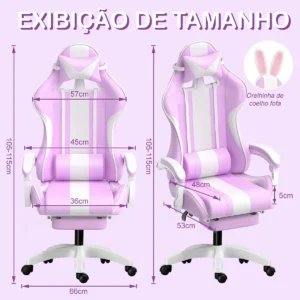 Cadeira Gamer Python Fly Lilás Rosa com Orelhinhas de Coelho Reclinável - Imagem 2