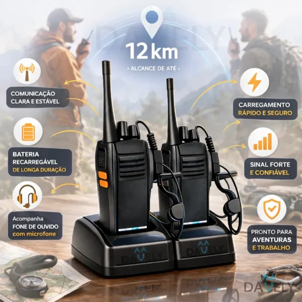 Walkie Talkie Rádios Comunicador KIT COM 2 Unidades Radinho walk talk COMPLETO Fone Microfone e Acessórios - Radio De Comunicação Longo Alcance Comunicação Segura Com 16 Canais