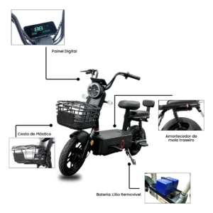 Bicicleta Elétrica Nado C2 1000W Bateria Removível 48V 60km Preto - Imagem 3